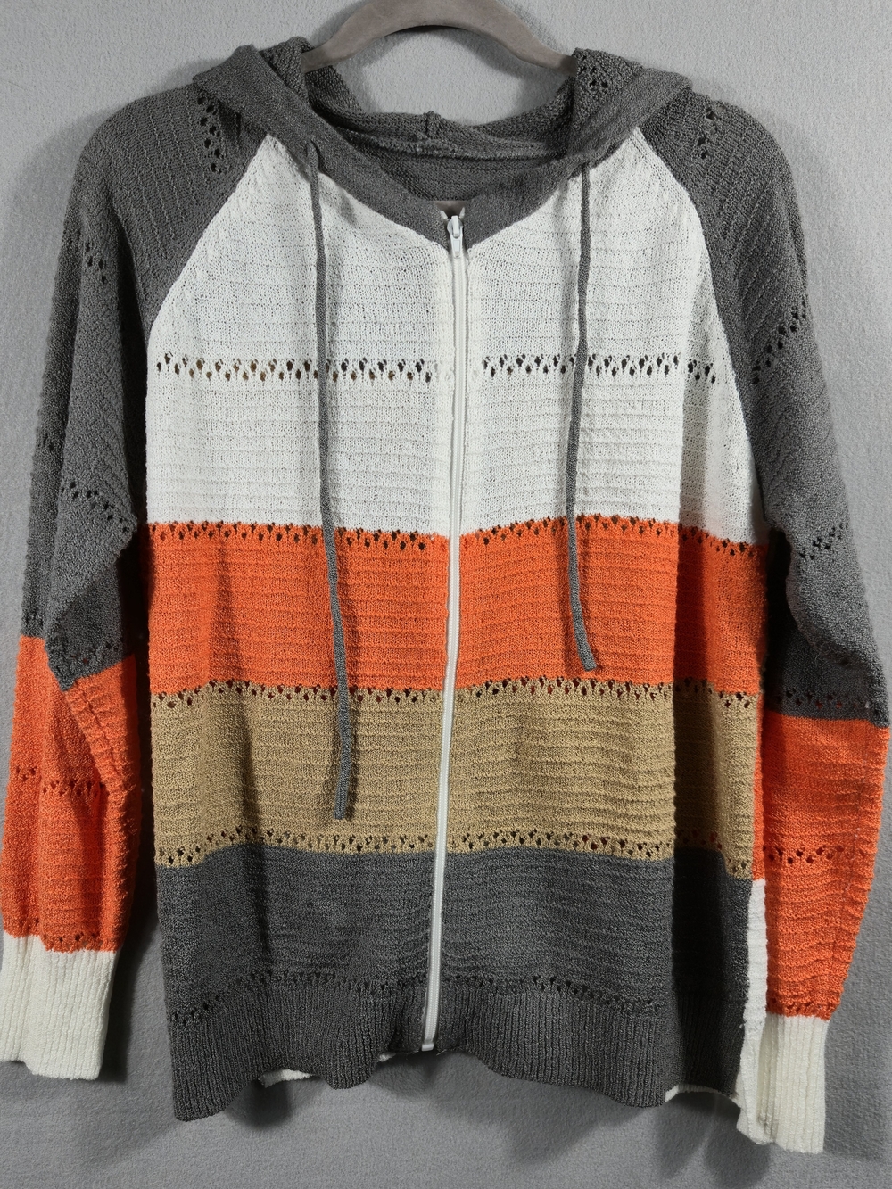 Mystree Colorblock Pointelle Knit Zip Up Hoodie Sweater Orange Grey Large.